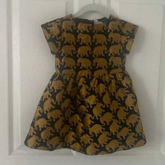 Crewcuts J. Crew Girl’s Sz 2 Festive Party Dress Elephants Gold Black Lined 2015 - Picture 2 of 7